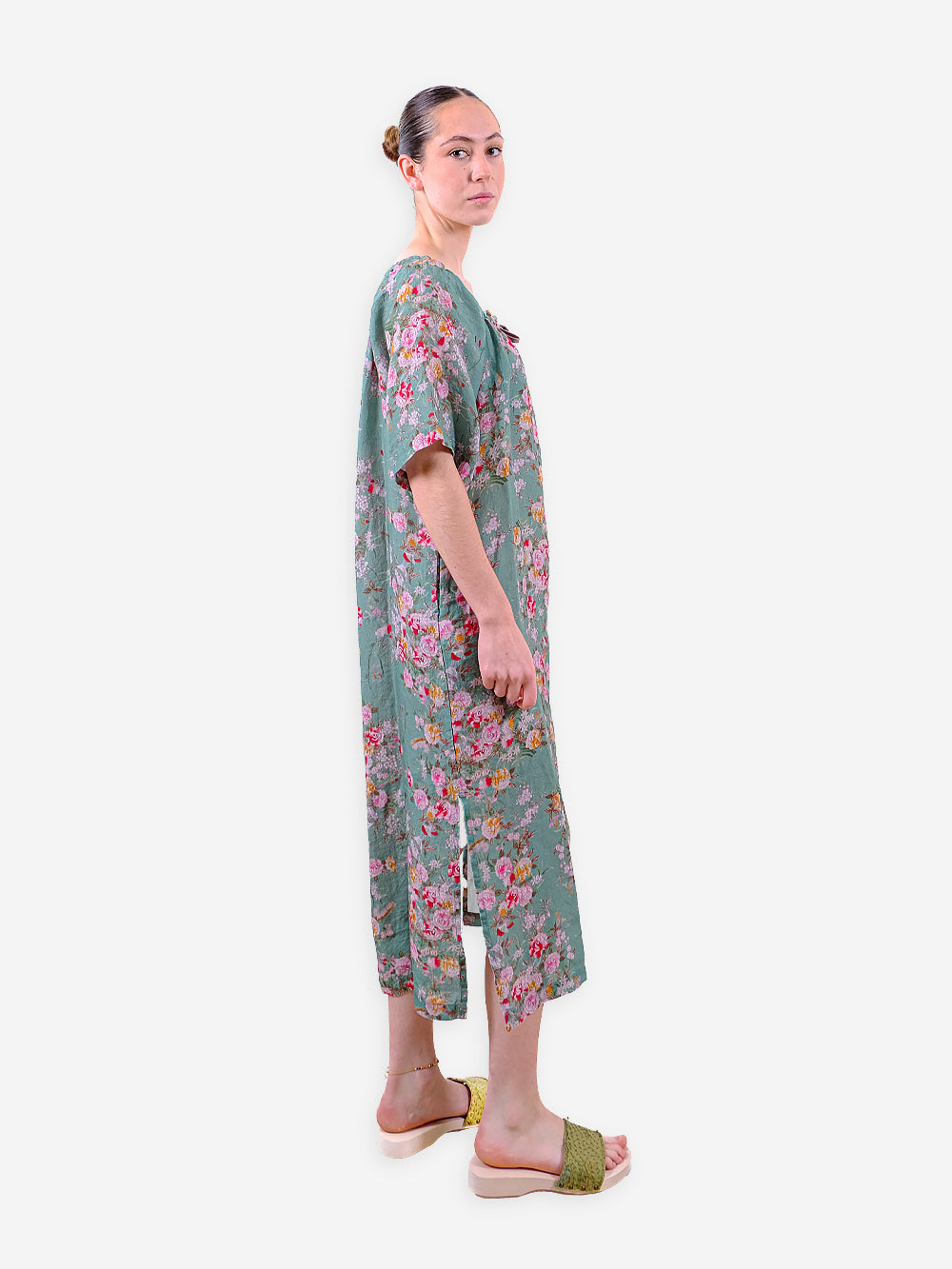 Vintage Chinese Rose Print Linen Carlotta Dress