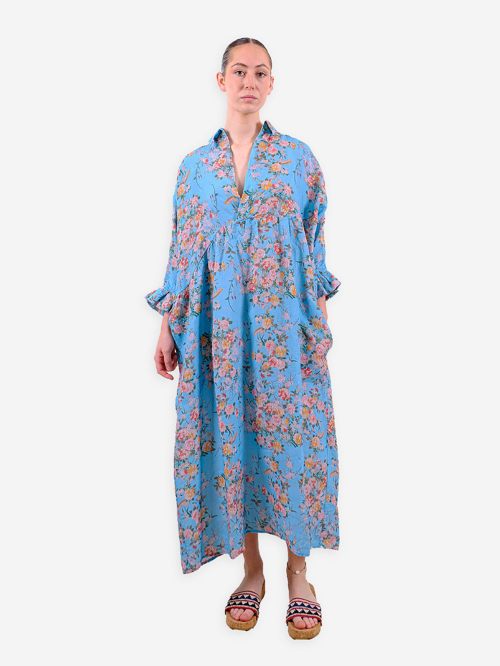 Vintage Chinese Rose Print Linen Bibi Dress