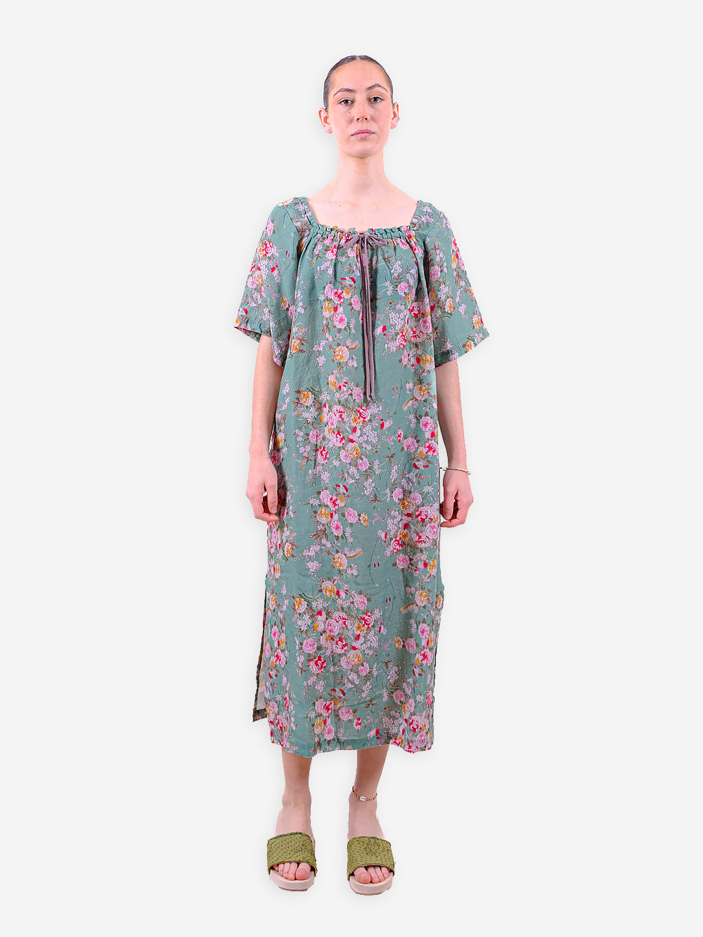 Vintage Chinese Rose Print Linen Carlotta Dress